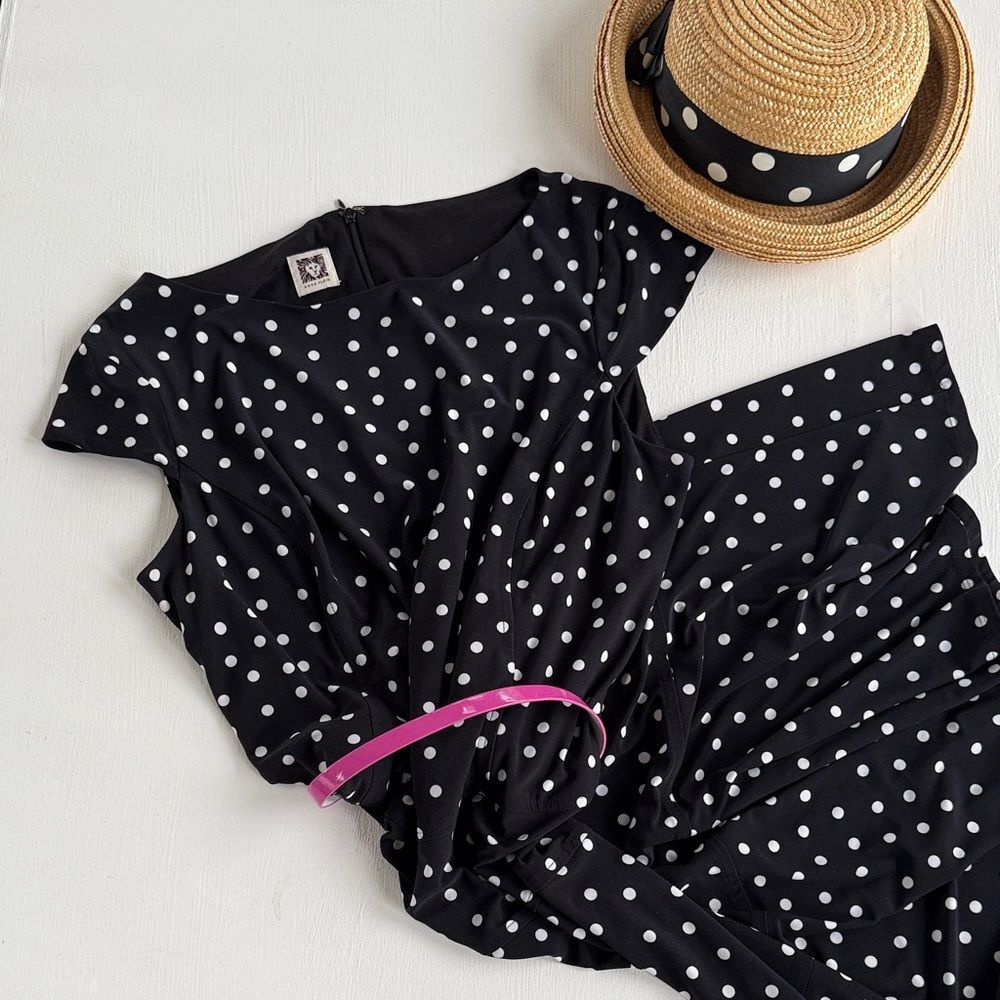 Anne Klein Navy and White Polka Dot Midi Dress Belted Fit Flare Cap Sleeve Large